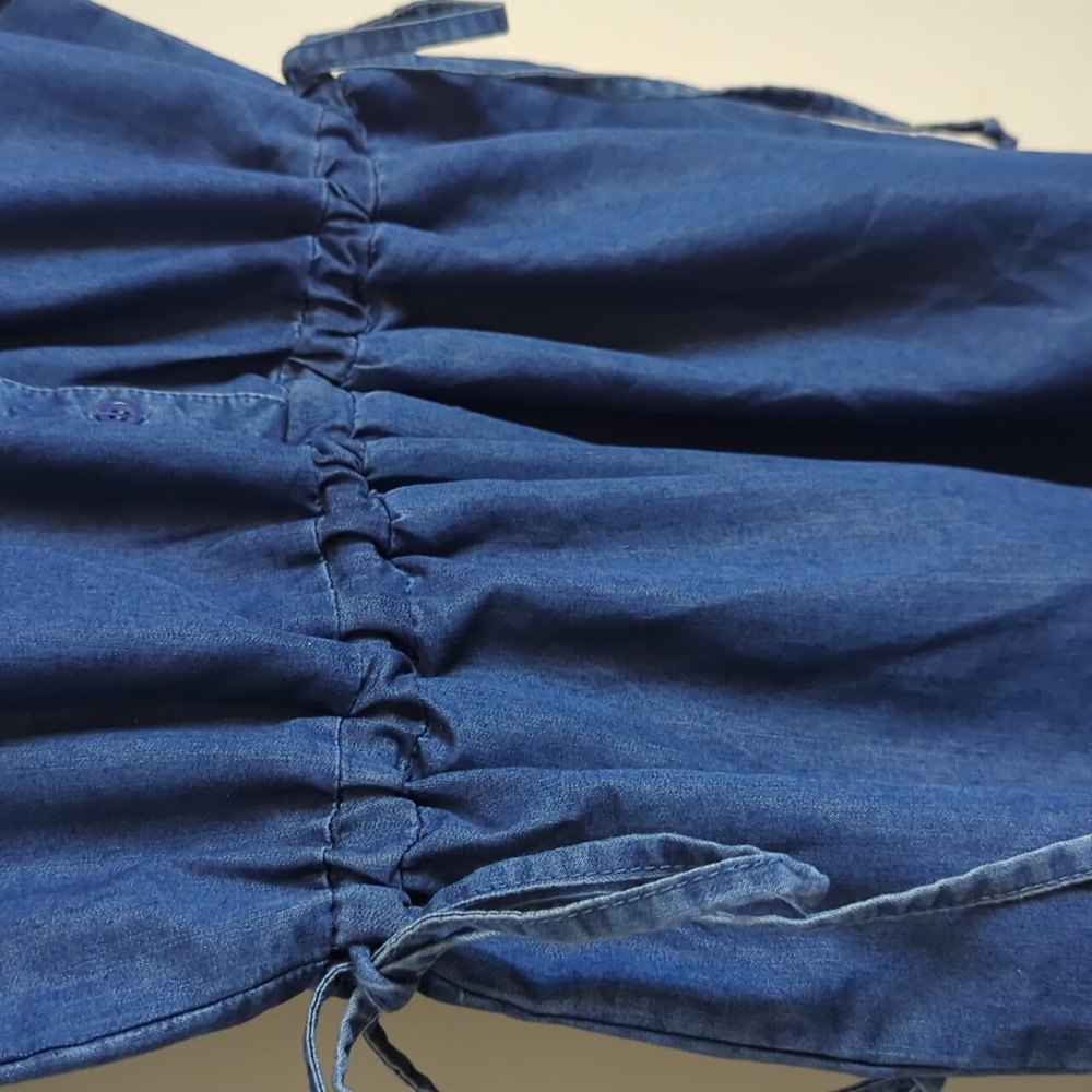 Cottagecore Denim Tiered Maxi Dress Drawing Tie Waist Women's Medium - Picture 3 of 11